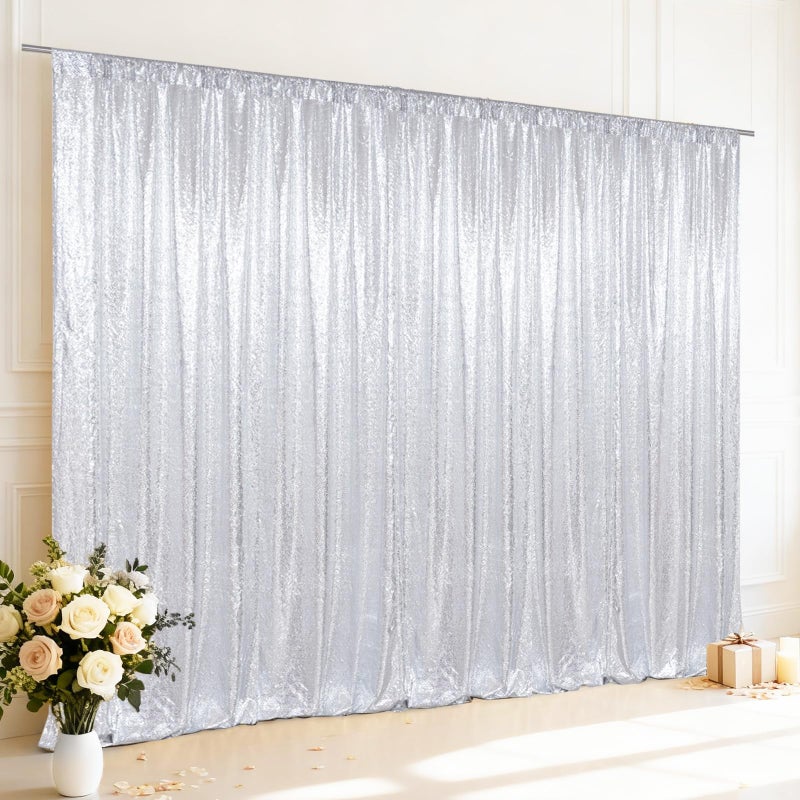 SquarePie Sequin Backdrop Curtain Background Opaque Non-Transparent Satin Sparkly for Wedding Party 10FT x 10FT Silver - Image 1
